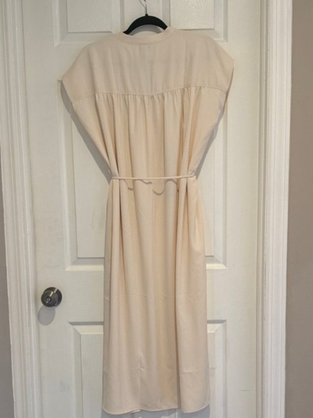 NWT H&M Cream Midi Dress XL Belted Cap Sleeve Flowy Boho Neutral Dress - Picture 4 of 11